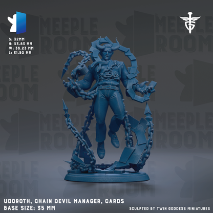 The image is a figurine of a chain devil manager, also known as Chain Devil Manager, which is a character from the video game series "Meeple Room". The figurine is depicted in a dynamic pose, surrounded by chains and other elements, and is shown in a 3.5mm base size. The image is a collage of various images related to the video game series, and it is described as a "sculpted by Twin Goddesses miniatures".