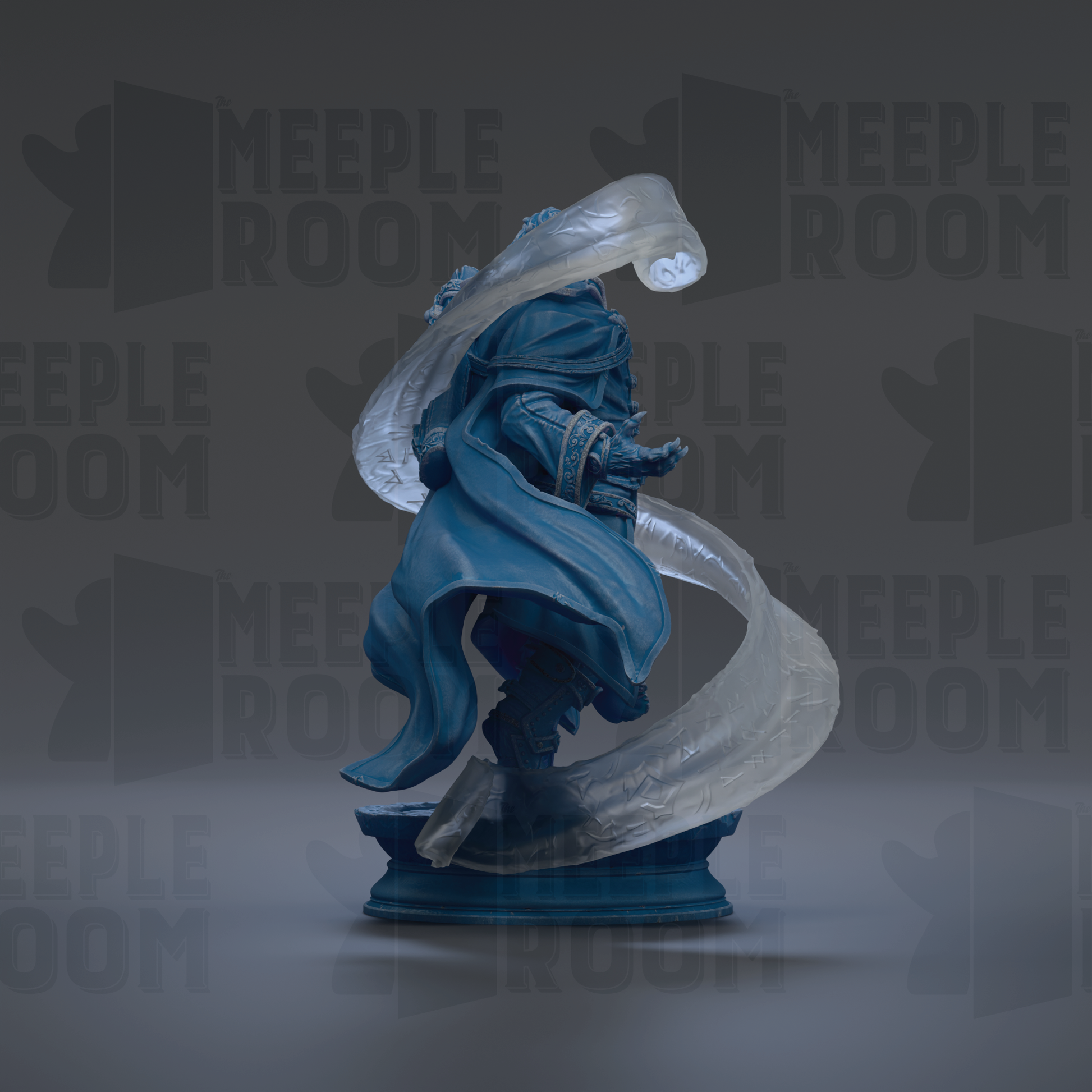 A digital illustration of a blue statue with flowing robes and a large, ethereal headdress, standing on a pedestal against a dark background with repeated text.