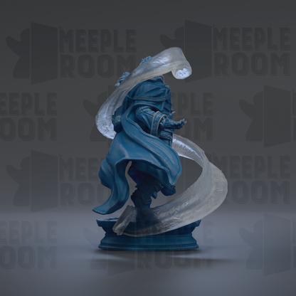 A digital illustration of a blue statue with flowing robes and a large, ethereal headdress, standing on a pedestal against a dark background with repeated text.