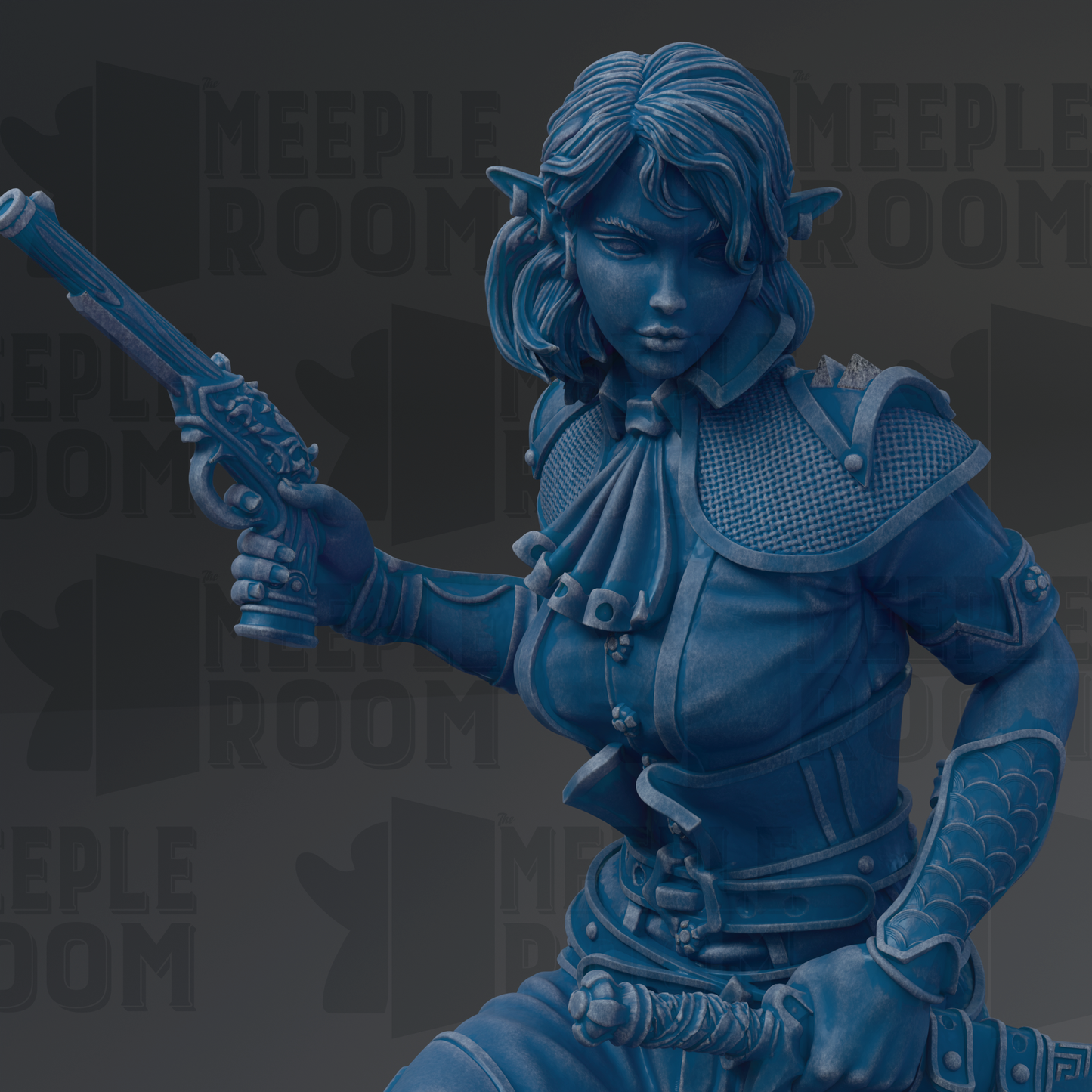 A blue statue of a woman holding a gun and sword, with the text "MEUPLE ROOM" visible in the background.