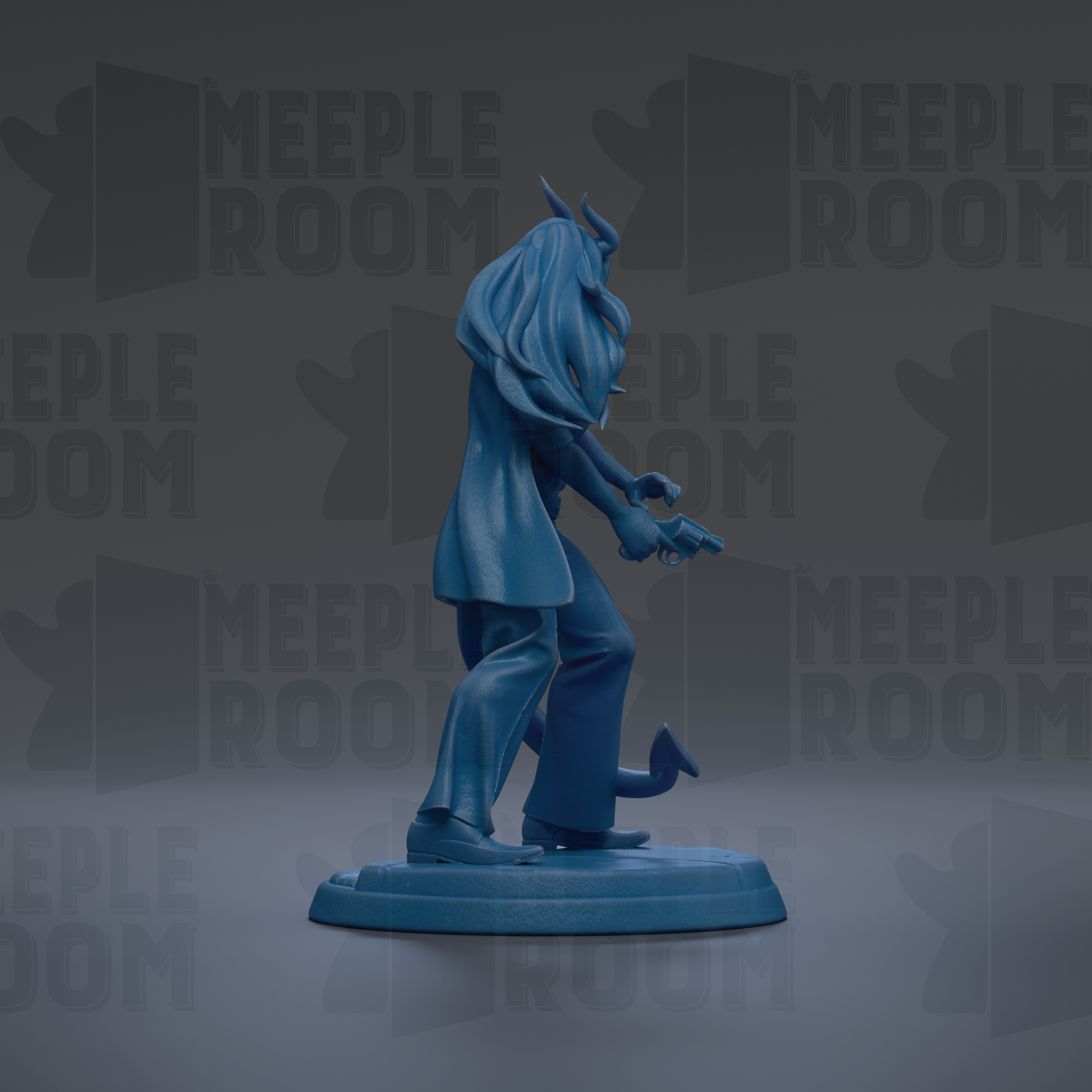 A blue figurine of a person with horns and a flowing cape, standing on a platform against a dark background with repeated text.