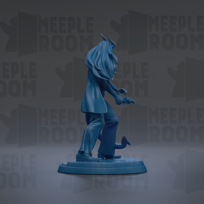 A blue figurine of a person with horns and a flowing cape, standing on a platform against a dark background with repeated text.