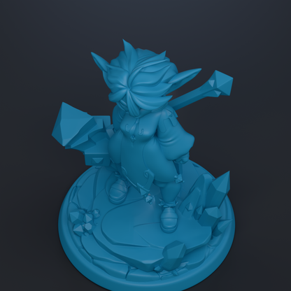 A 3D rendering of a blue, fantastical creature with a large head and sharp teeth, standing on a rocky base and holding a weapon.