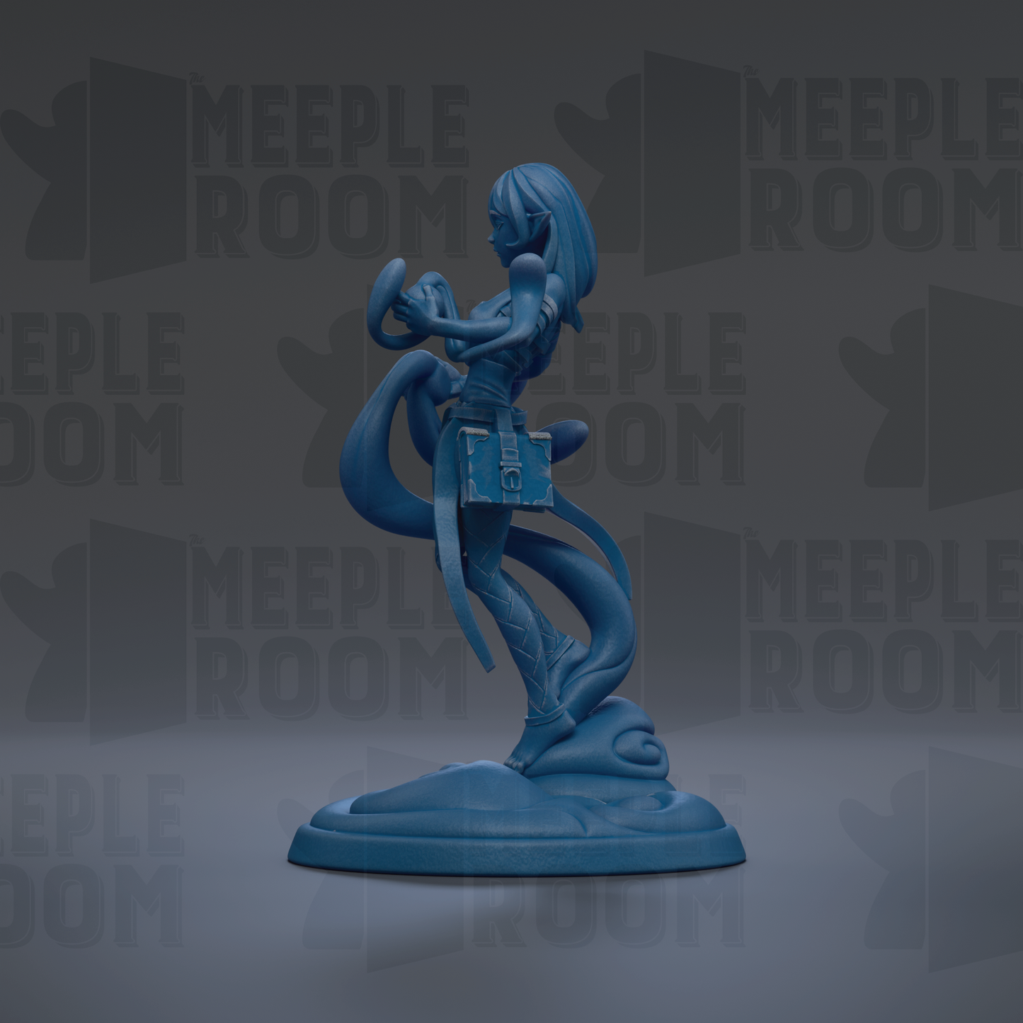 A blue figurine of a woman with long hair and a flowing skirt, holding a small blue bag, is the central focus of the image.