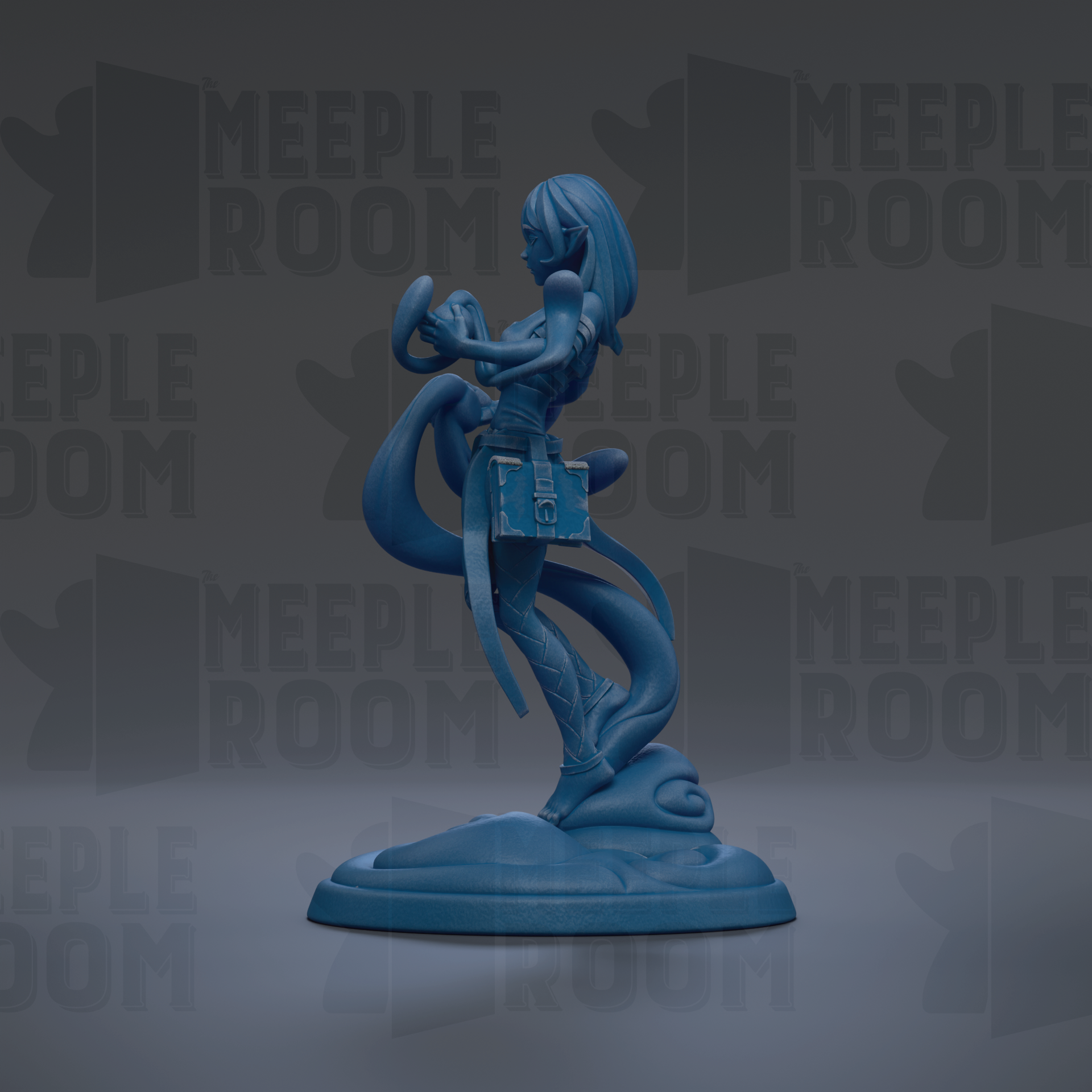 A blue figurine of a woman with long hair and a flowing skirt, holding a small blue bag, is the central focus of the image.