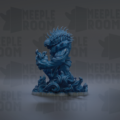 A blue, spiky statue of a mythical creature, possibly a dragon or serpent, is the central focus of the image.
