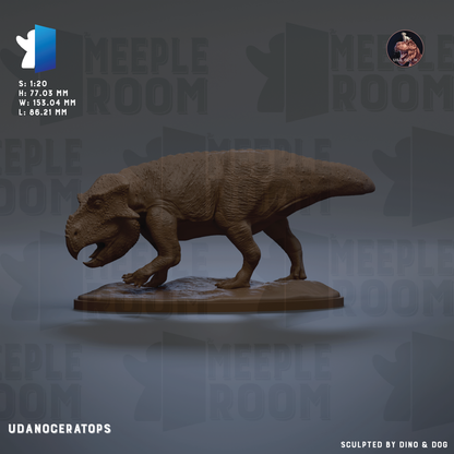 The image is a 3D rendering of a dinosaur, specifically a Udanoceratops, which is a type of dinosaur that lived during the Late Cretaceous period. The dinosaur is depicted in a dynamic pose, standing on a platform and appears to be in motion. The image is a collage of multiple images, and the text in the image is minimalistic and straightforward, focusing on the main subject and its details.