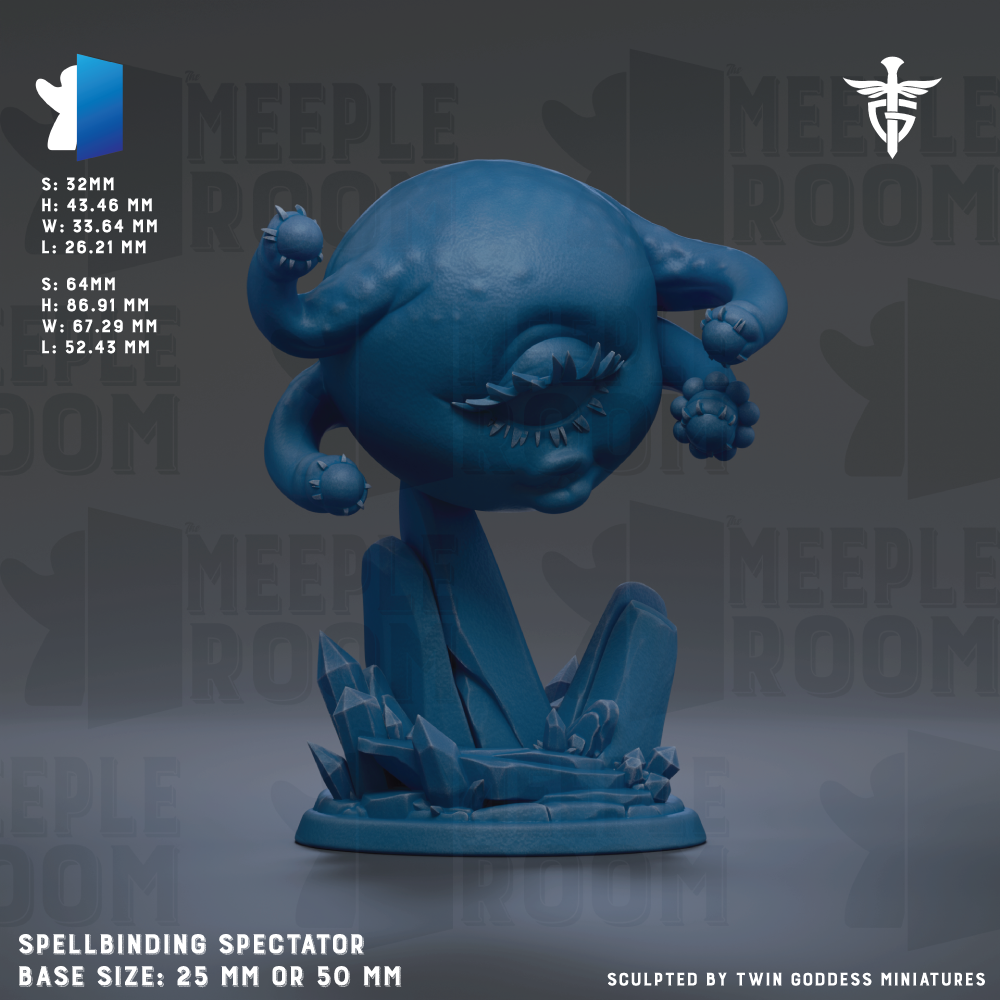 The image is a 3D rendering of a blue, spherical object with a large eye and tentacles, resembling a spellbinding spectator. The object is described as a base size of 25 mm or 50 mm, and it is sculpted by Twin Goddess Miniatures.