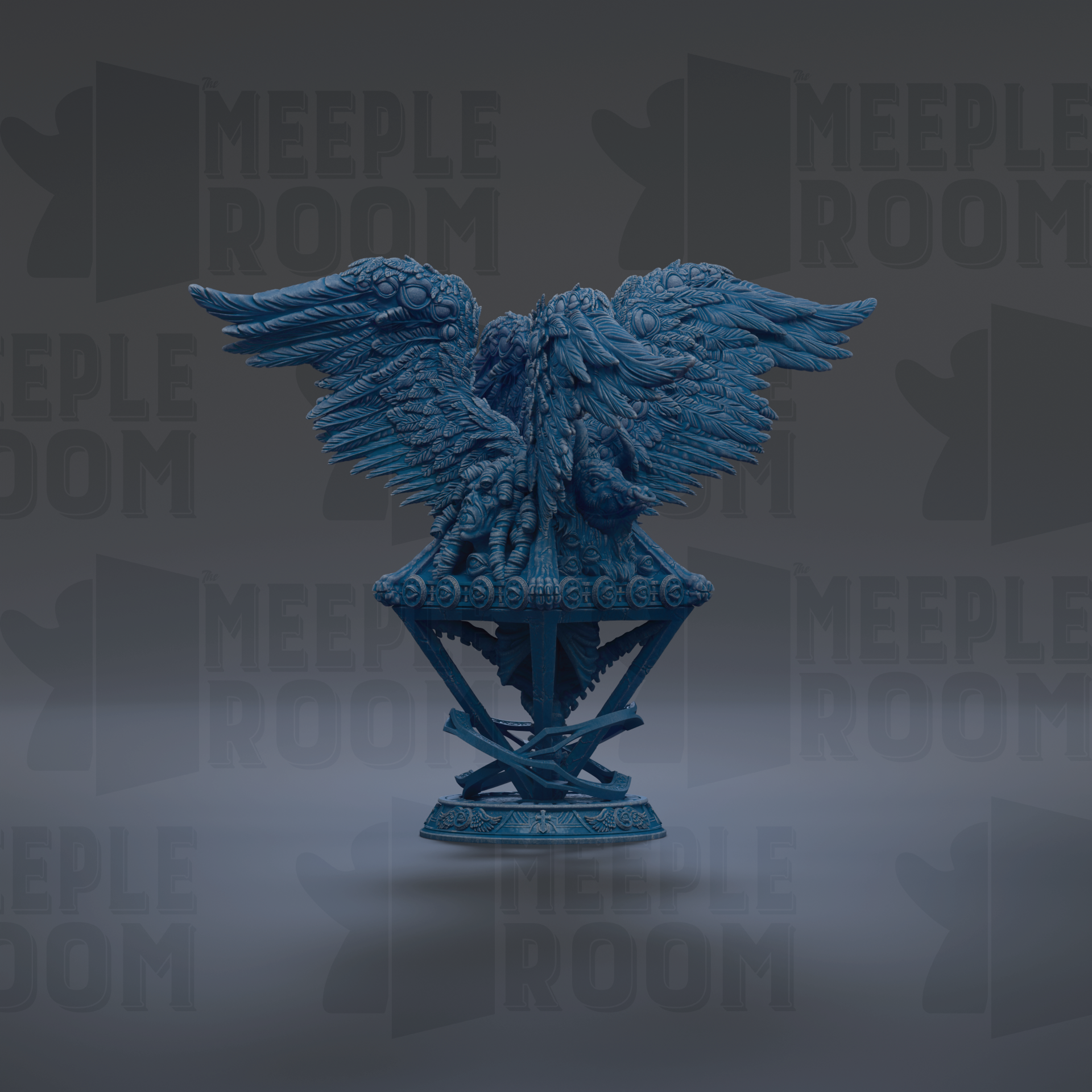 A blue, ornate statue of a winged creature with intricate details, standing on a pedestal against a dark background with repeated text.