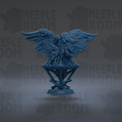 A blue, ornate statue of a winged creature with intricate details, standing on a pedestal against a dark background with repeated text.