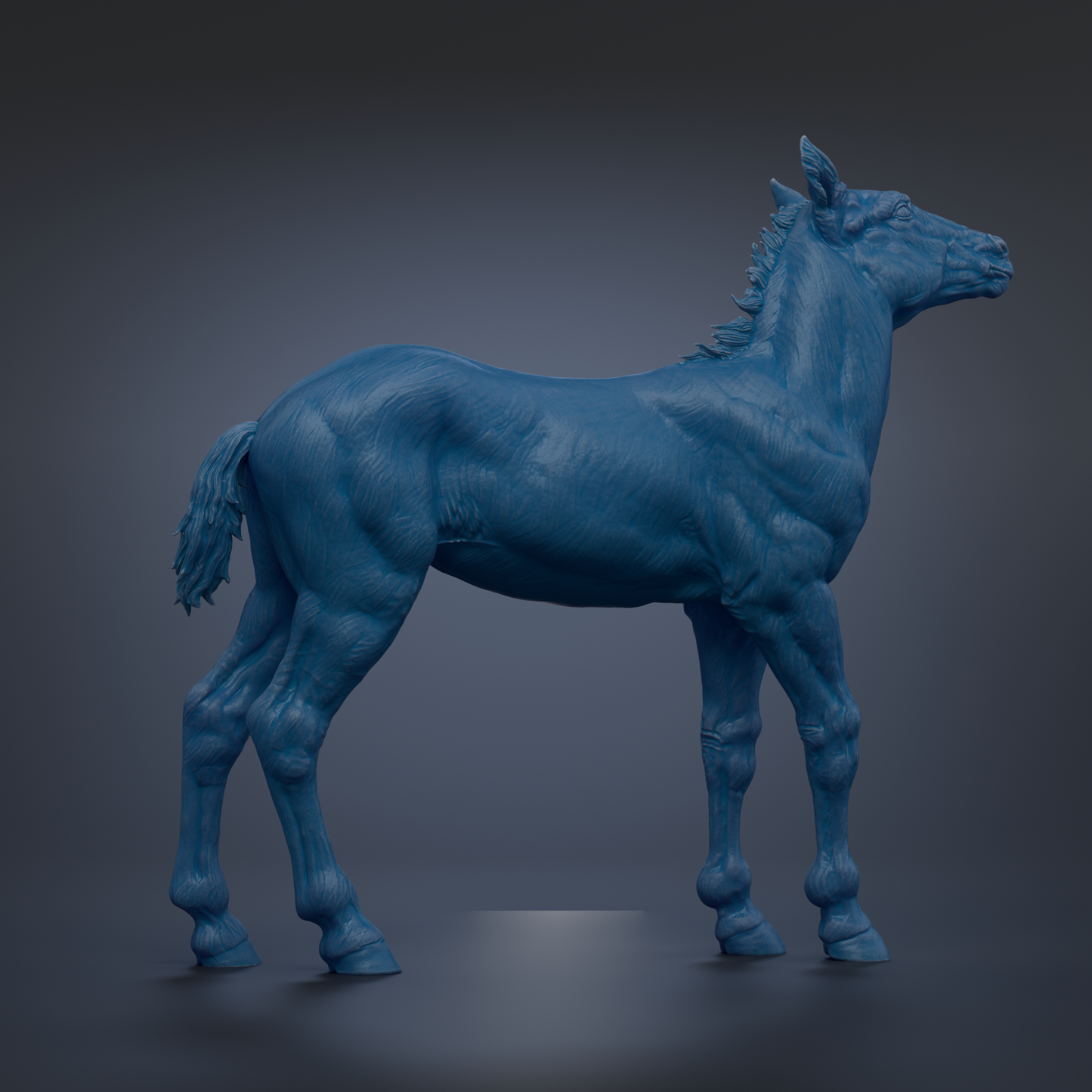 A 3D rendering of a blue horse statue, standing on all fours and facing to the right.