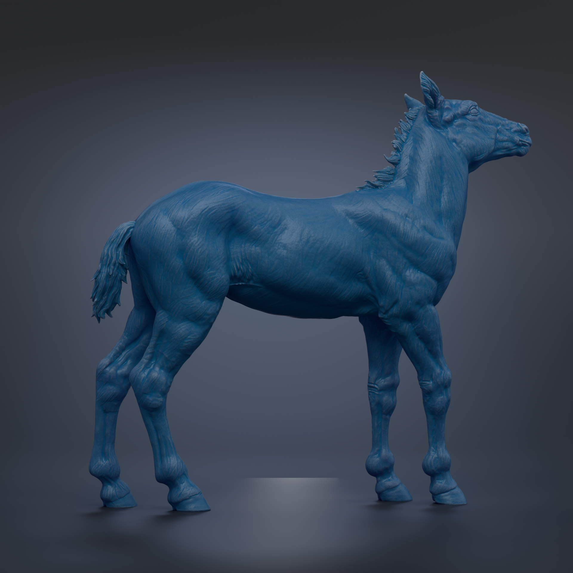 A 3D rendering of a blue horse statue, standing on all fours and facing to the right.