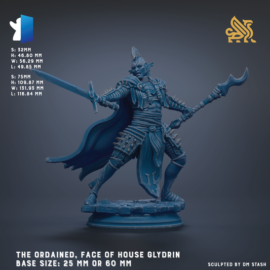 a blue armored warrior figure with a sword and shield, standing on a pedestal. The base size of the figure is either 25 mm or 60 mm. The image is a sculpture of the face of House Glydrin, and it is created by the artist who sculpted it.