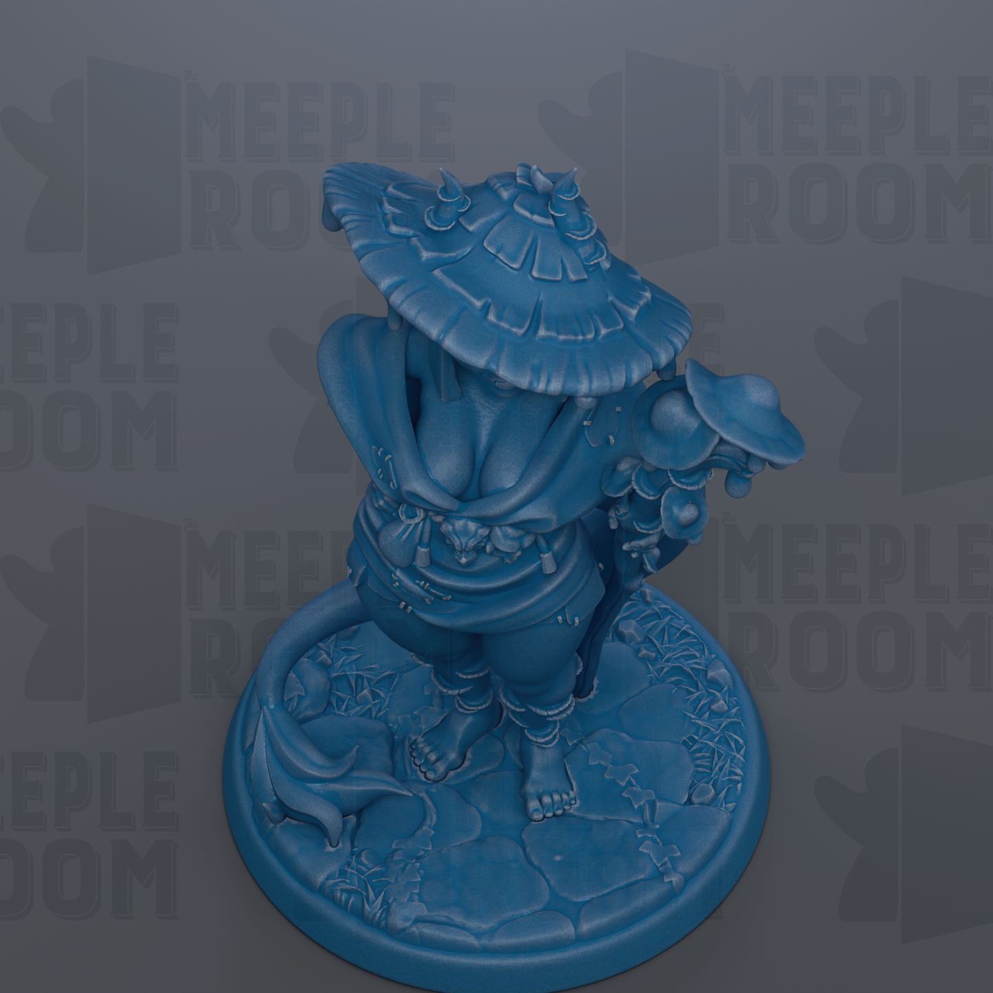 A blue figurine of a person wearing a hat and holding a parasol, standing on a stone base.