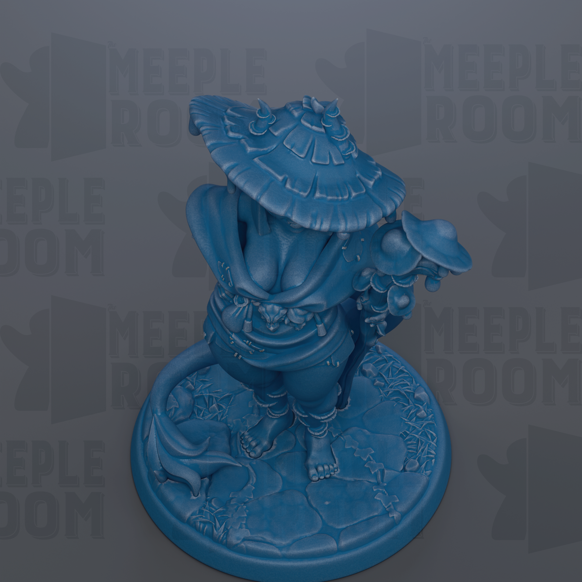 A blue figurine of a person wearing a hat and holding a parasol, standing on a stone base.