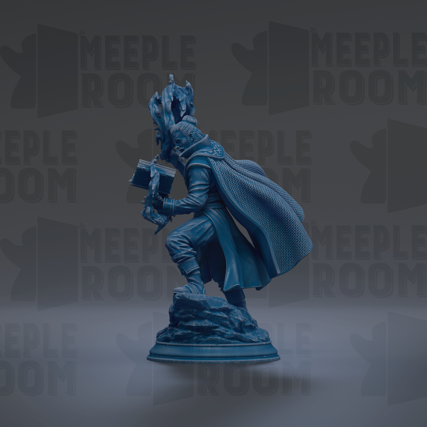 A blue statue of a person holding a book and standing on a rock.