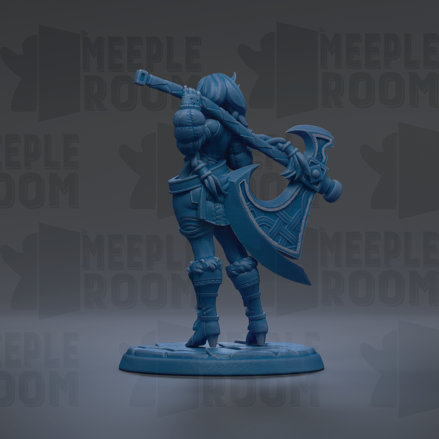 A blue figurine of a female character holding a large weapon, standing on a platform against a dark background with repeated text.