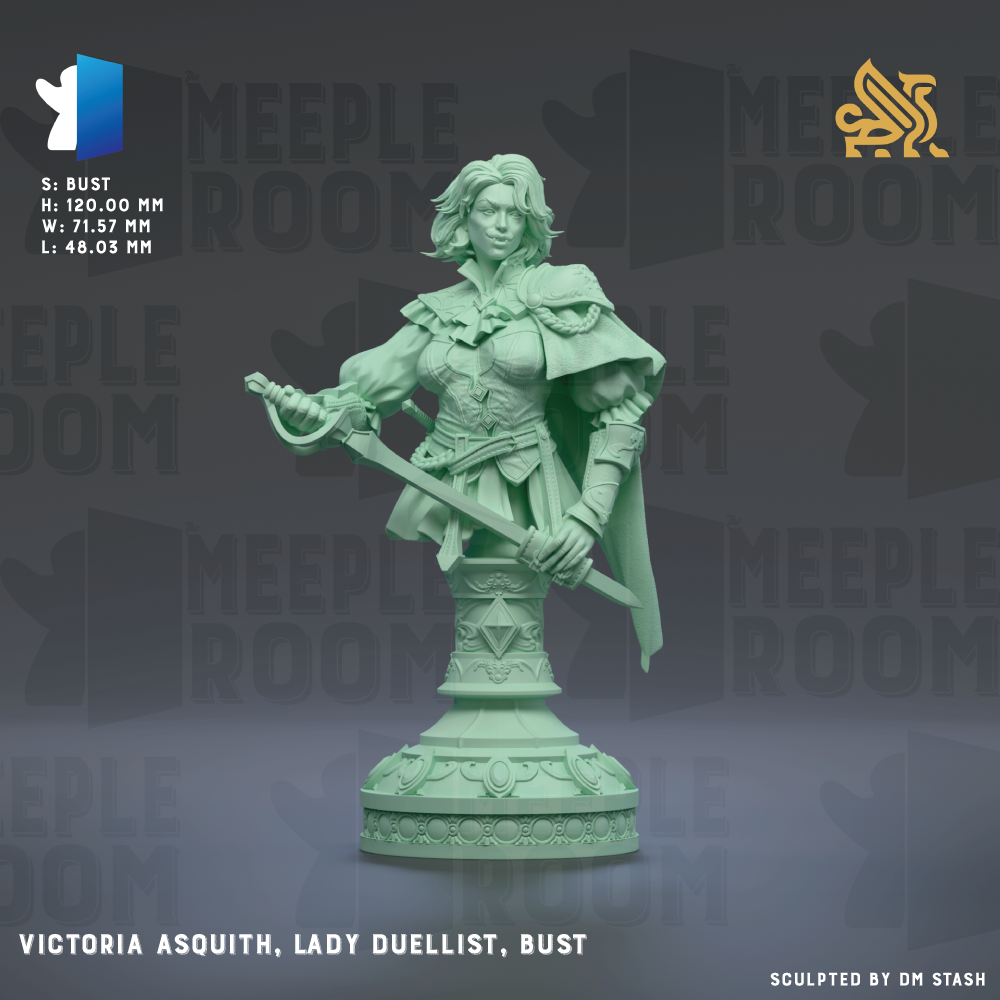 a statue of a woman, specifically Victoria Asquith, the Lady Duellist, who is depicted in a dynamic pose with a sword in her hand.