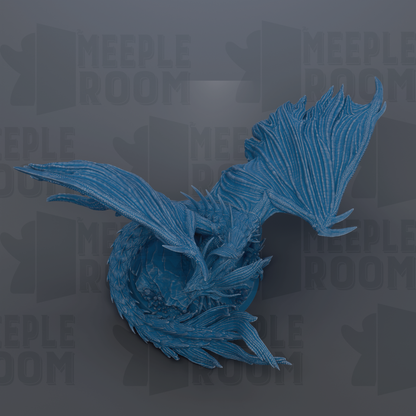 A blue dragon sculpture is displayed against a dark background with repeated text.