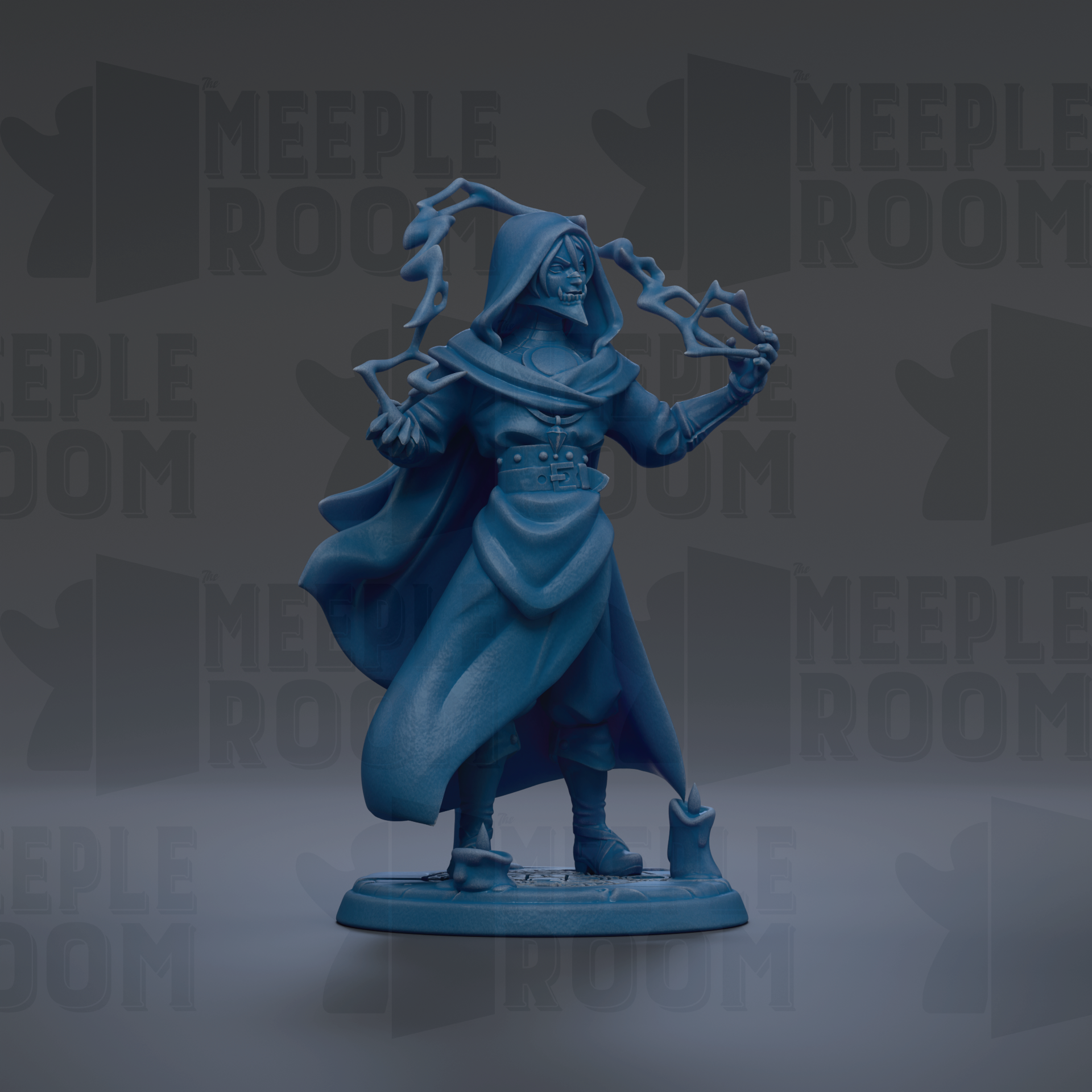 A blue figurine of a person with a hooded cloak and a staff, standing on a base and holding a staff in their hand.