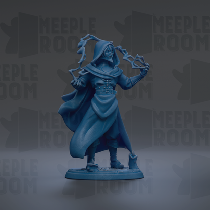 A blue figurine of a person with a hooded cloak and a staff, standing on a base and holding a staff in their hand.