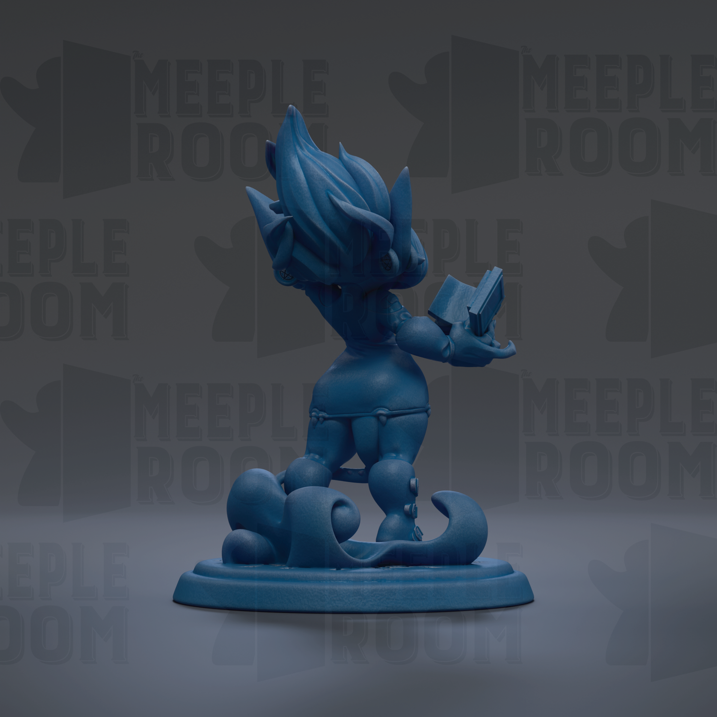 A blue figurine of a character holding a book and standing on a platform with a wave-like design.