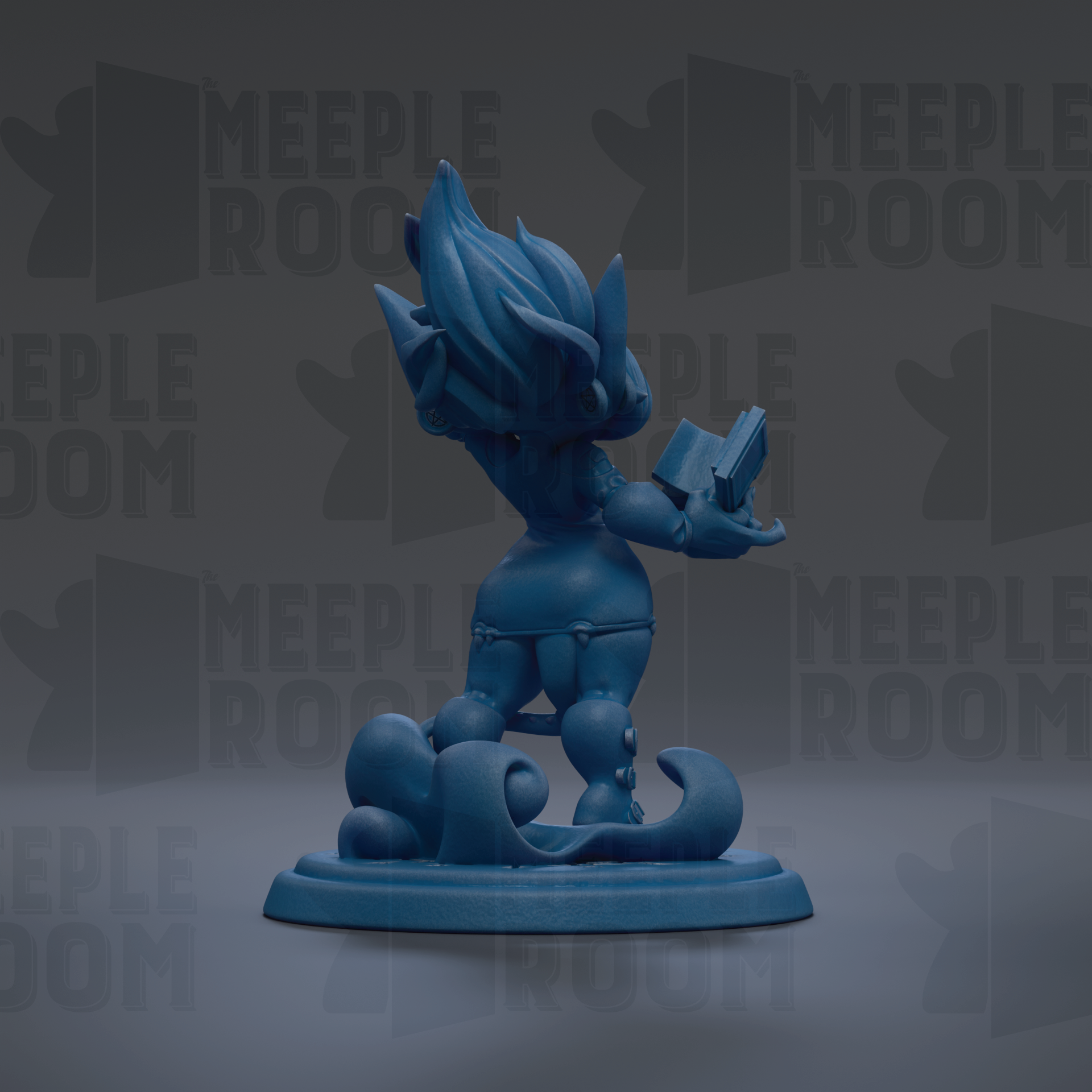 A blue figurine of a character holding a book and standing on a platform with a wave-like design.