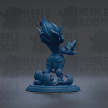 A blue figurine of a character holding a book and standing on a platform with a wave-like design.