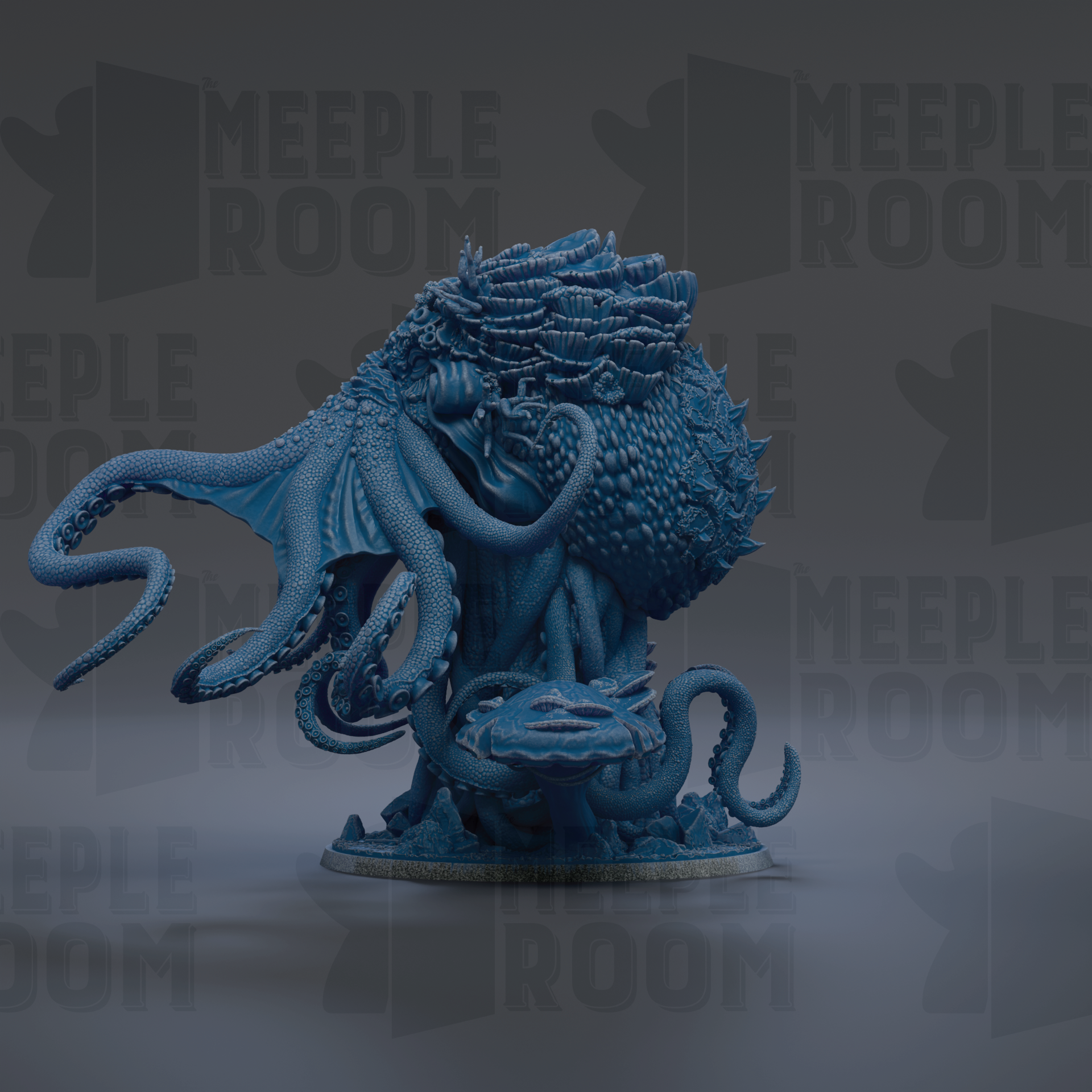 A large, detailed blue octopus figurine is displayed against a dark background.