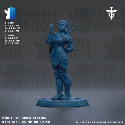 a blue figurine of a character named Mindy, who is a droth paladin. The figurine is standing on a base size of 25mm or 50mm, depending on the perspective. The background of the image is a dark gray color, and there is text and logos related to the game world, such as "MEEPLE ROOM" and "MEEPLE ROOM".