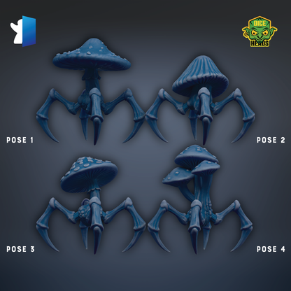 four different poses of a blue mushroom-like creature, each with distinct features and characteristics.