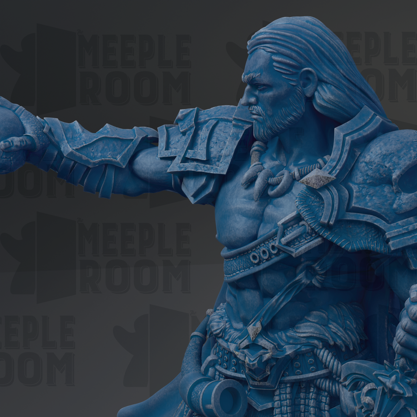 A detailed 3D rendering of a warrior figure with long hair and a beard, wearing armor and wielding a sword. The background features the text "MEUPLE ROOM" repeated multiple times.