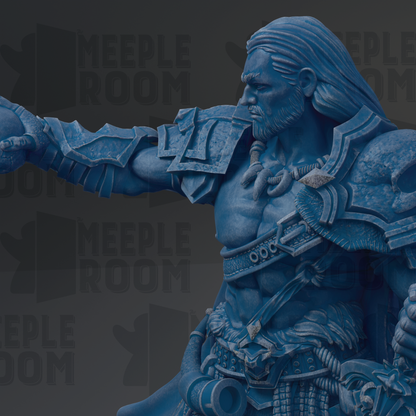 A detailed 3D rendering of a warrior figure with long hair and a beard, wearing armor and wielding a sword. The background features the text "MEUPLE ROOM" repeated multiple times.