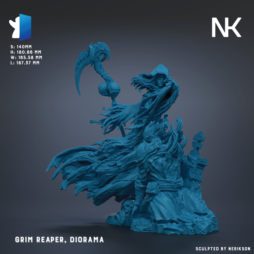 The image is a 3D rendering of a dark blue, fantastical creature resembling a gargoyle or gargoyle-like figure. The creature has a long, flowing cape and is holding a large, ornate weapon in its hands. The creature is set against a dark background, which emphasizes its dark and mysterious appearance. The image does not contain any text or other discernible objects, and the creature is the sole focus of the image.