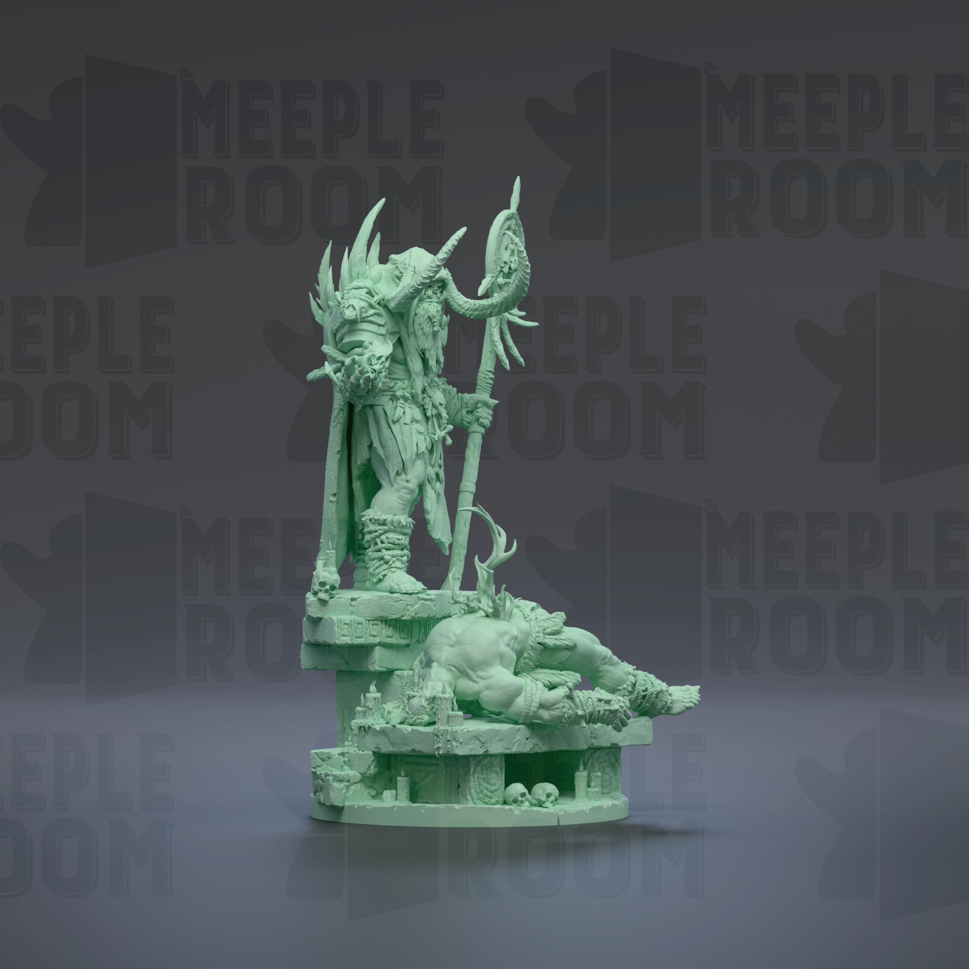 A green figurine depicting a deity or supernatural being, with a large staff and ornate clothing, standing on a pedestal.