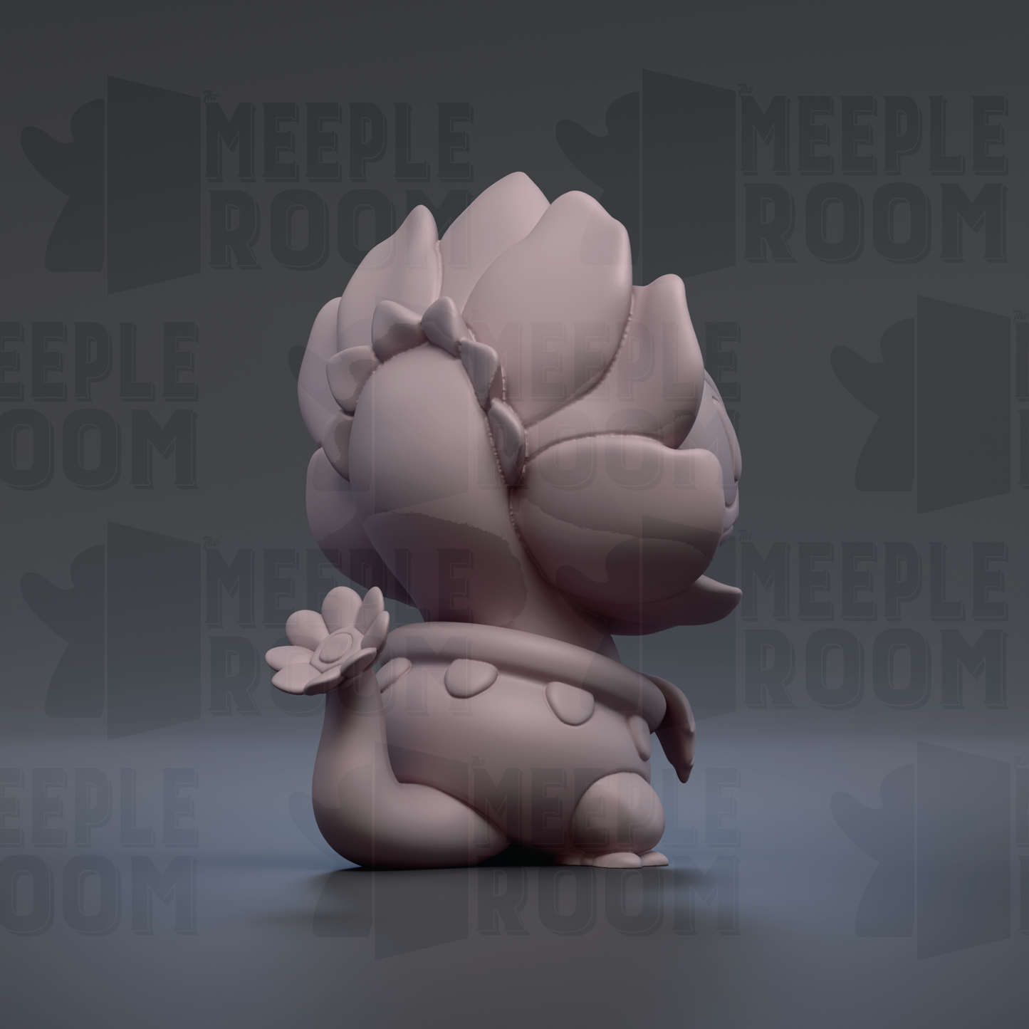 A 3D rendering of a small, cartoonish-looking creature with a flower-like design on its head and body.