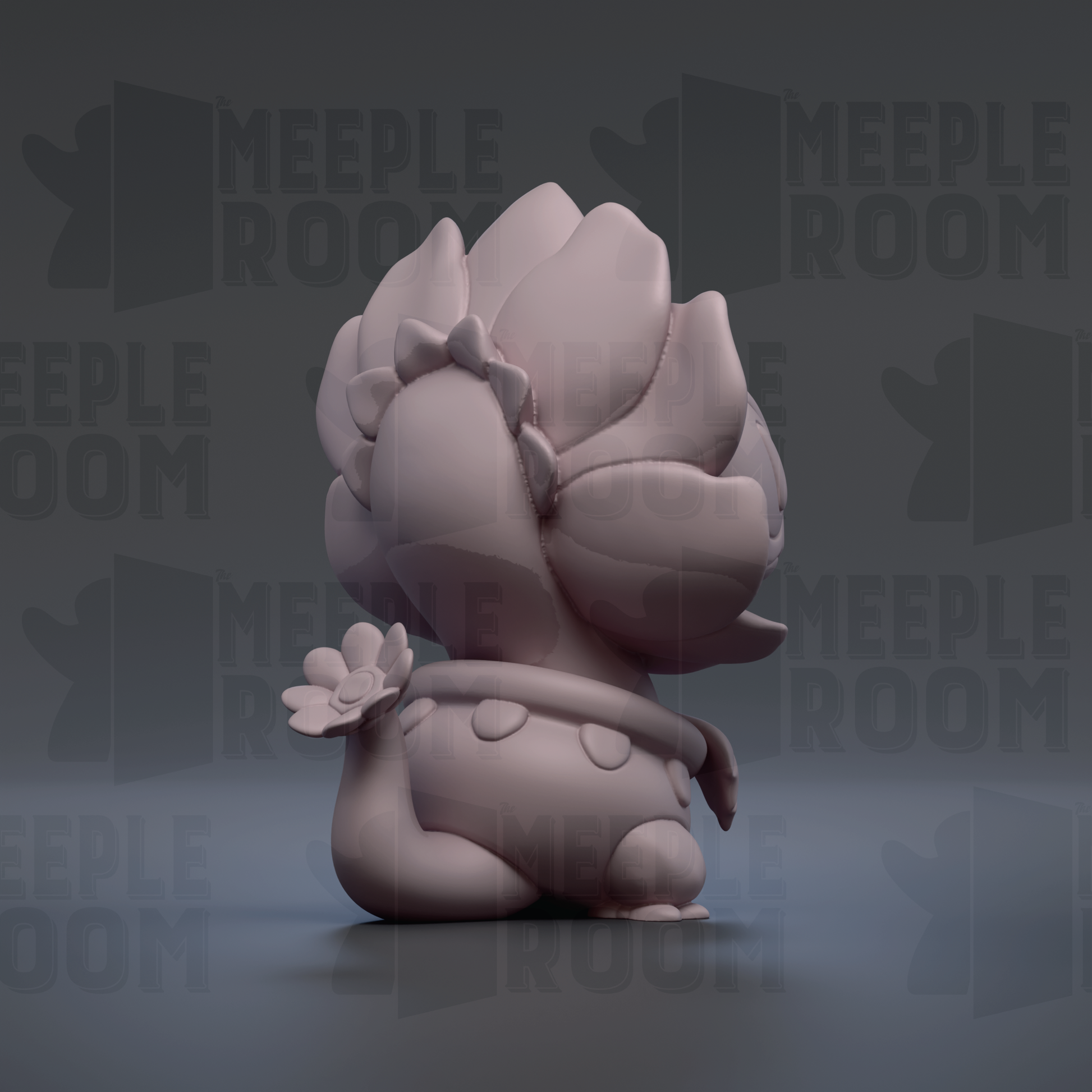 A 3D rendering of a small, cartoonish-looking creature with a flower-like design on its head and body.