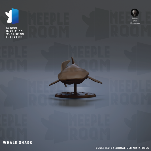 The image is a 3D rendering of a whale shark, a type of shark, displayed on a stand.