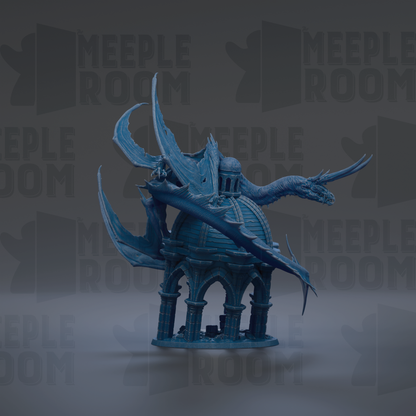A blue dragon statue with wings spread, perched on a domed structure, against a dark background with repeated text.