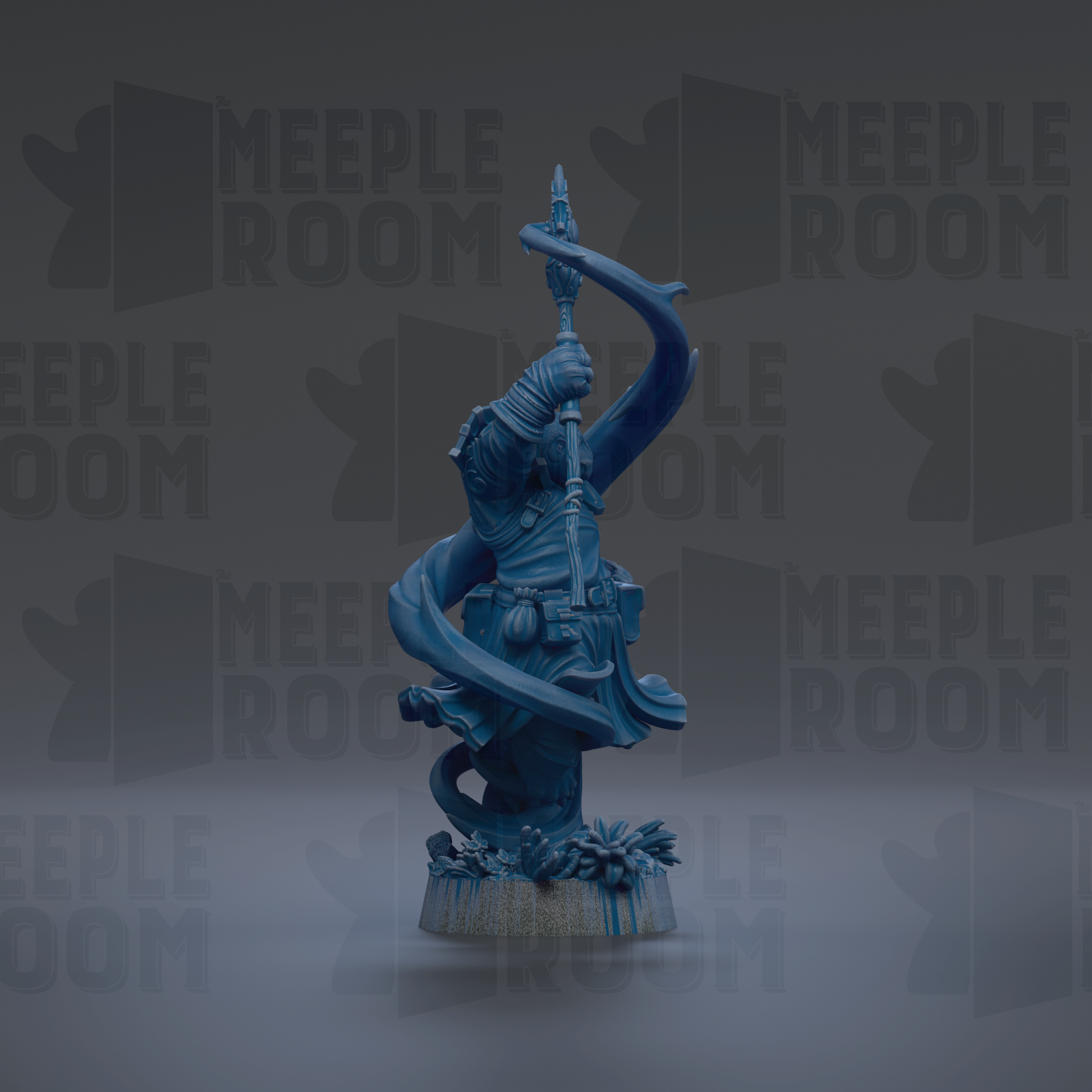 A blue statue of a figure holding a spear and shield, standing on a pedestal with flowers, against a dark background with repeated text.