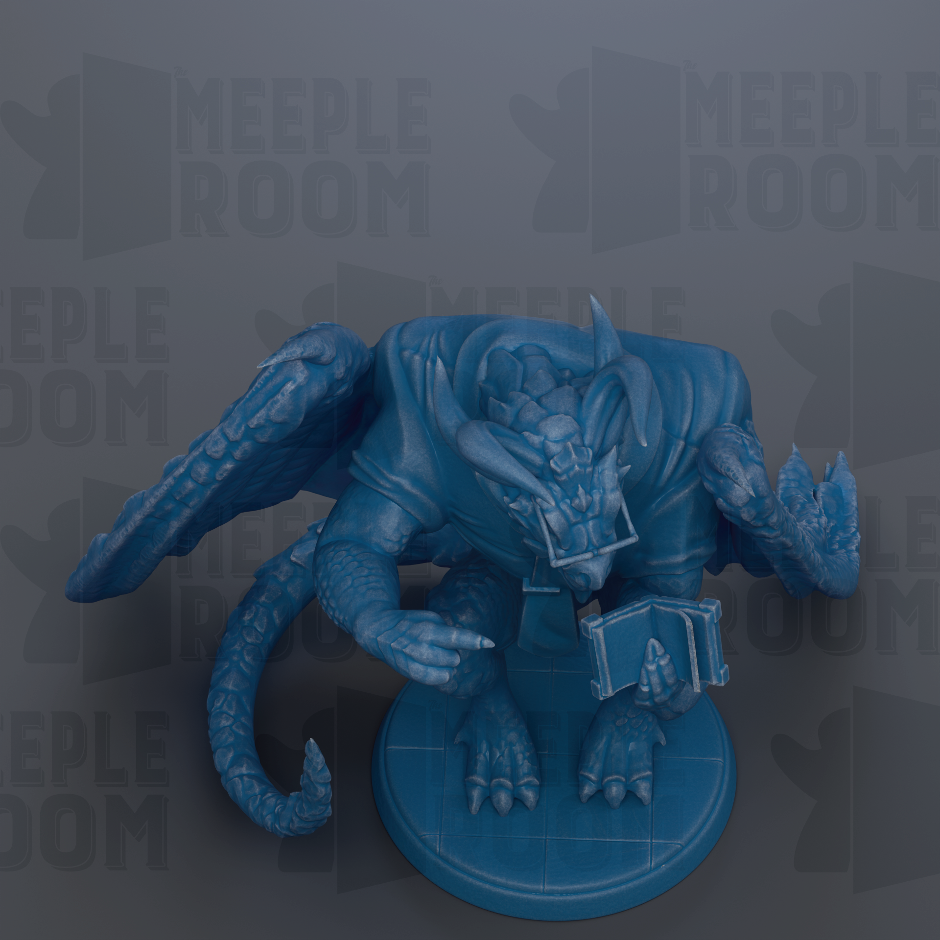 A blue dragon figurine is depicted in the image, sitting on a platform and holding a book.