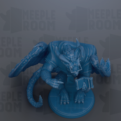 A blue dragon figurine is depicted in the image, sitting on a platform and holding a book.