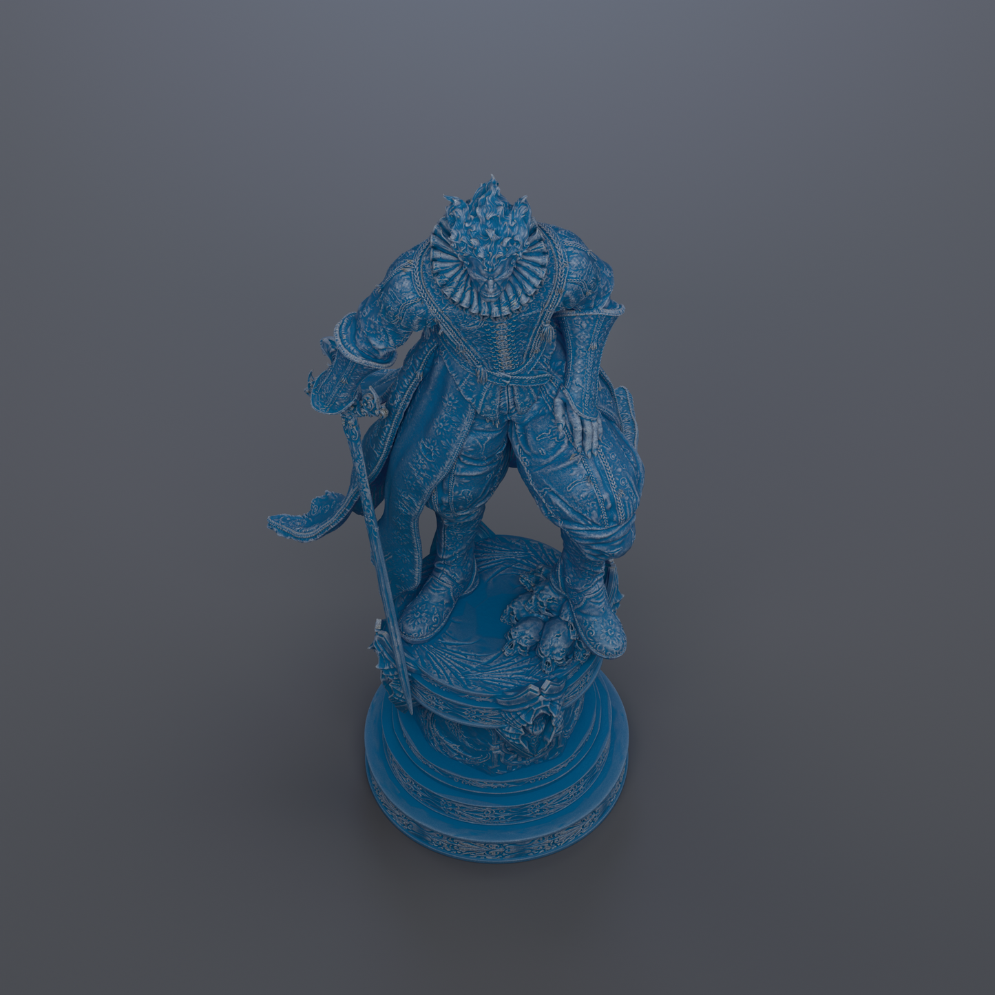 A blue statue of a person standing on a pedestal.