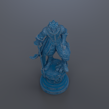 A blue statue of a person standing on a pedestal.