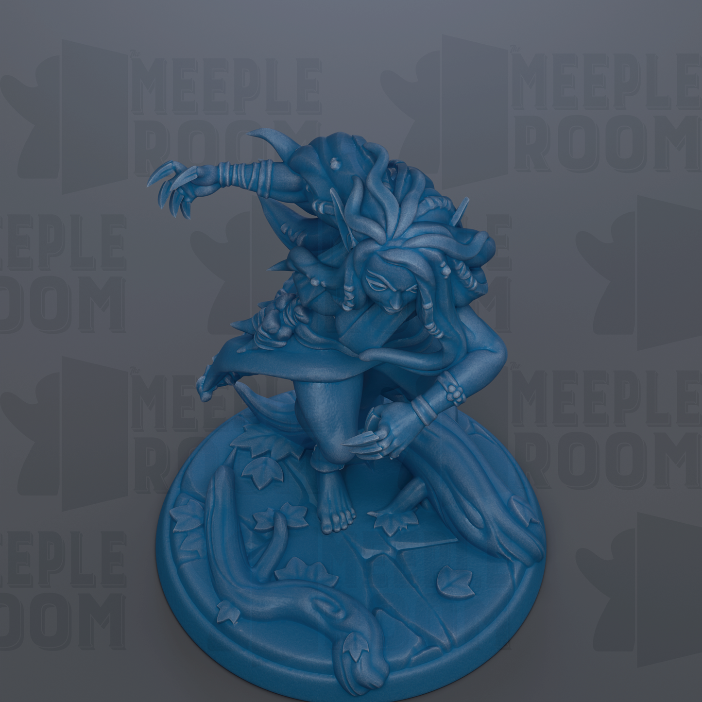 A blue figurine of a fantastical creature with intricate details and a dynamic pose, set against a dark background with repeated text.