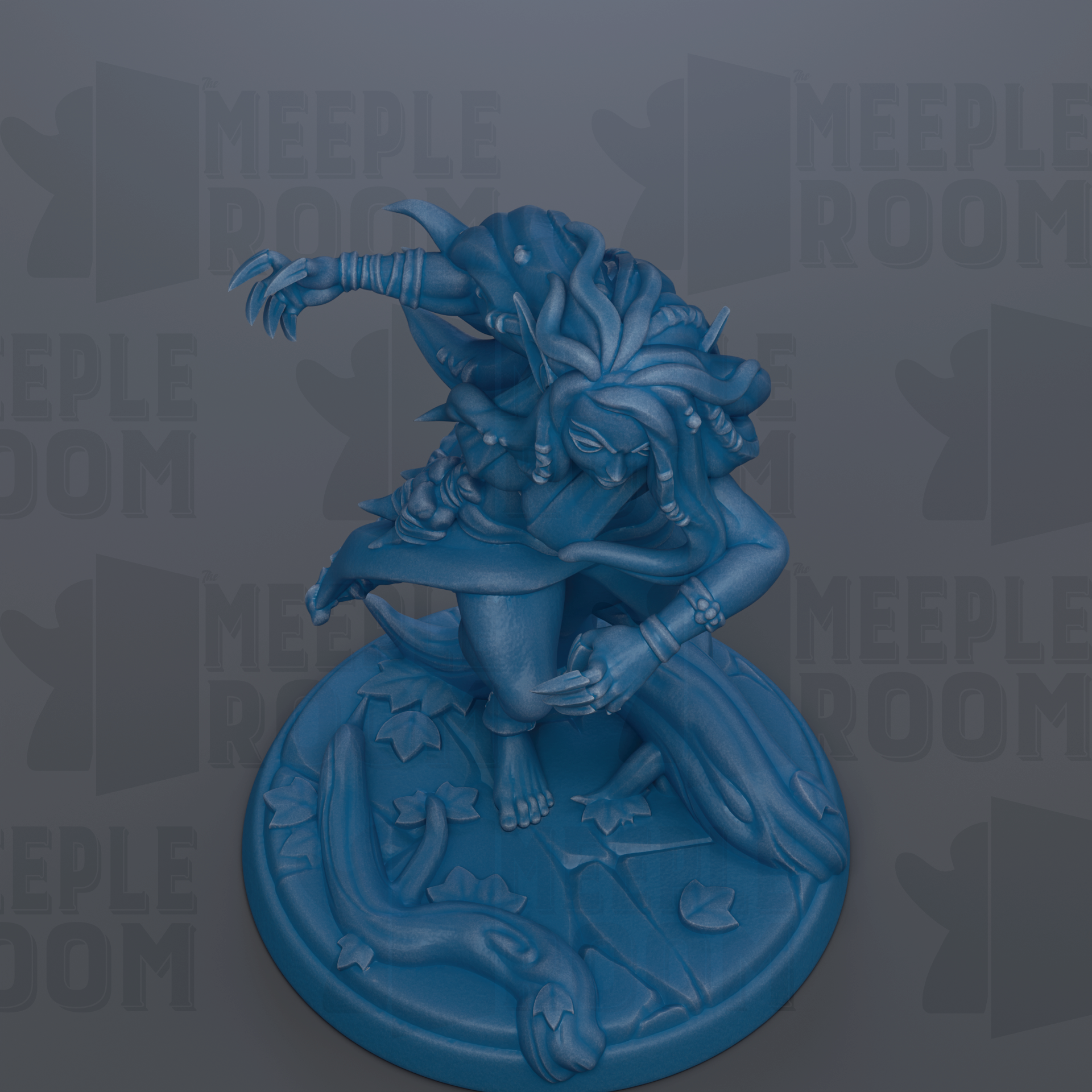 A blue figurine of a fantastical creature with intricate details and a dynamic pose, set against a dark background with repeated text.