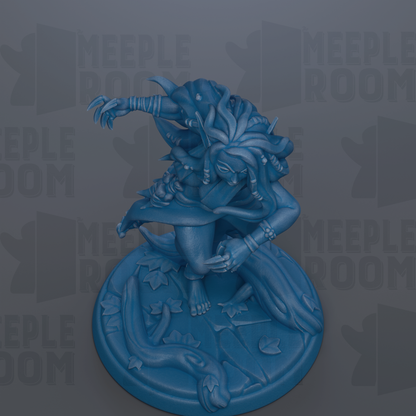 A blue figurine of a fantastical creature with intricate details and a dynamic pose, set against a dark background with repeated text.