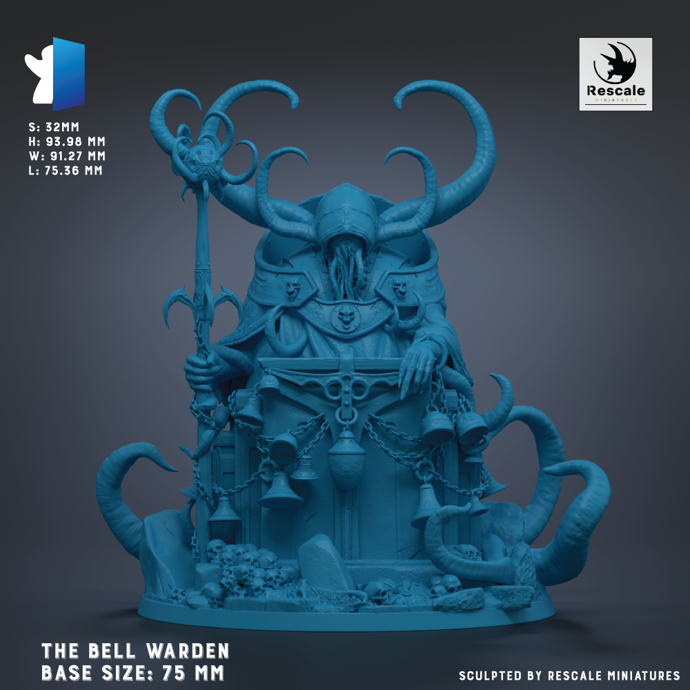 The image is a 3D model of a statue depicting a large, imposing figure with long horns and a beard, holding a staff and surrounded by various objects. The statue is set against a dark background, and the base sizes are 75 mm. The image is described as being sculpted by Rescale miniatures.