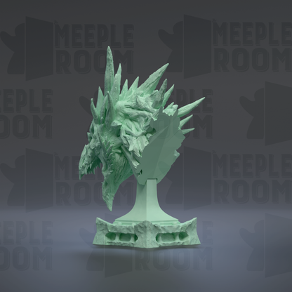 A green, sculpted dragon head statue is displayed against a dark background with repeated text.
