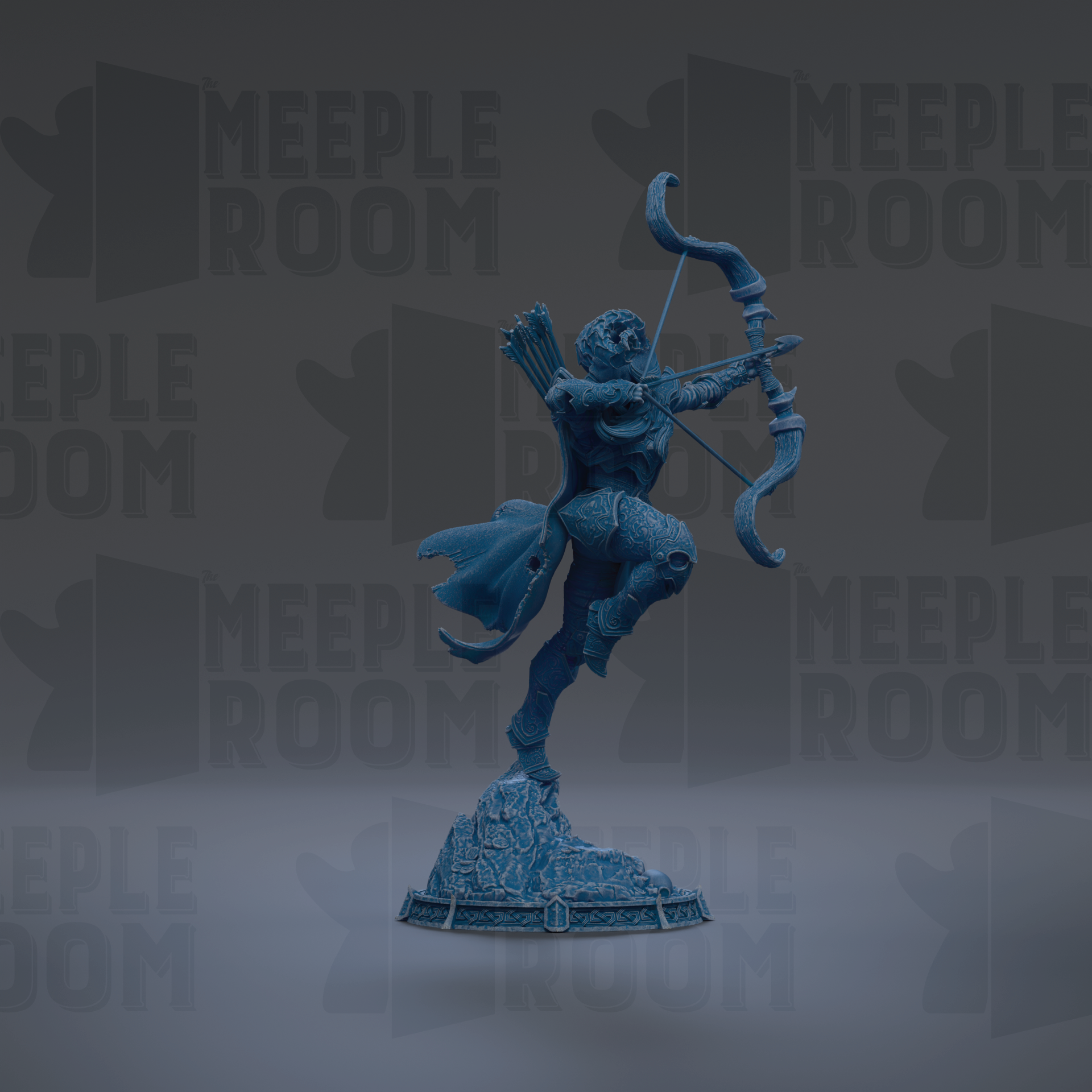 A blue statue of a figure holding a bow and arrow, standing on a pedestal.